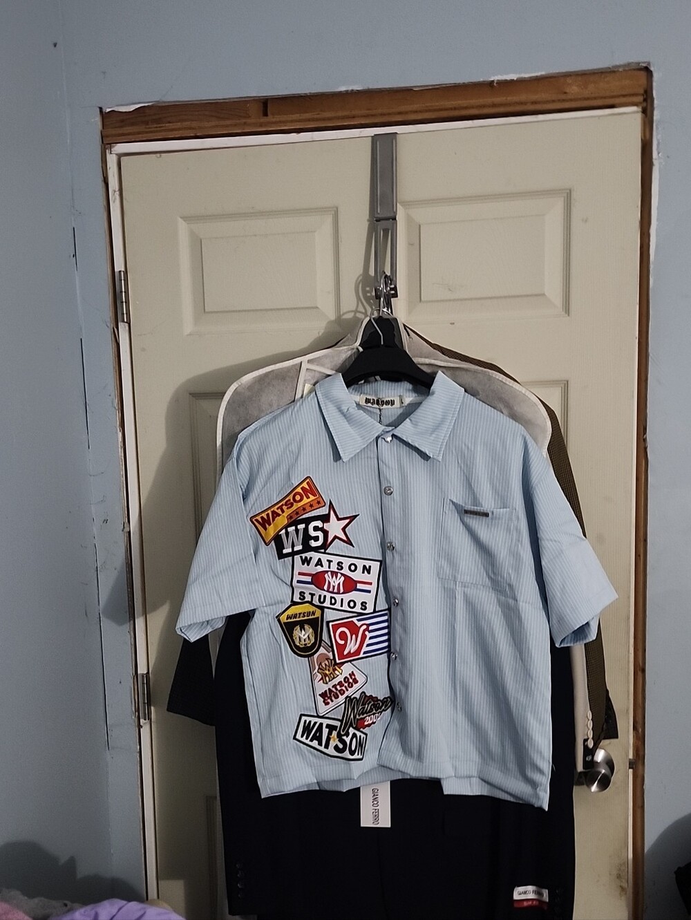 Light Blue Patch-Accent Short Sleeve Button-Down Shirt